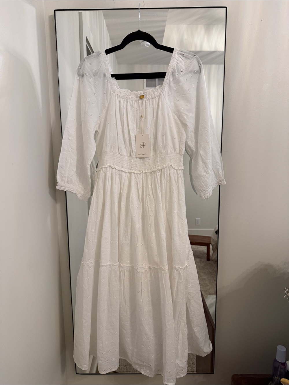 DownEast White Eyelet Midi Dress with Puff Sleeves